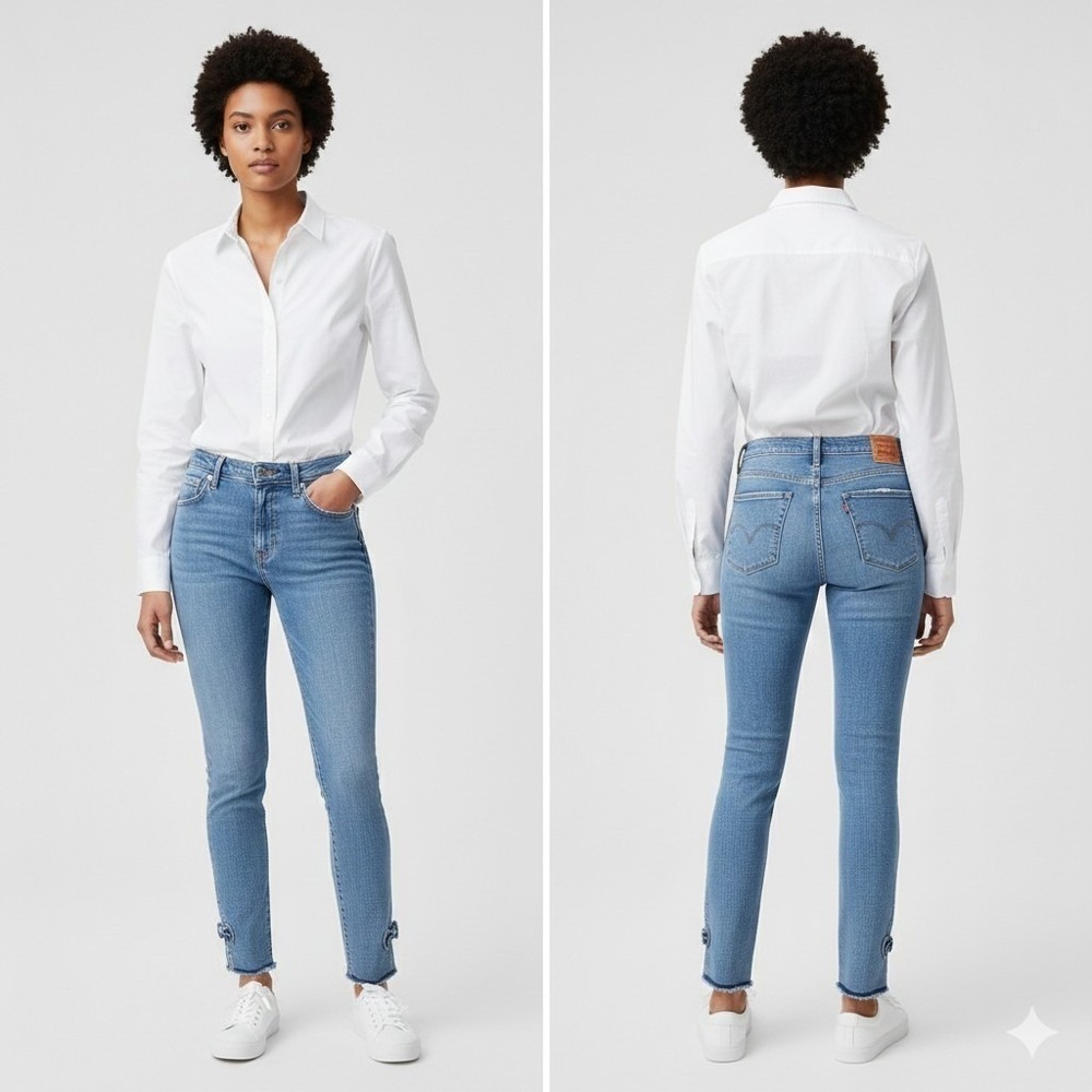 Levi's 721 High Rise Skinny Jeans Women's 31 Blue Bow Hem Raw Edge Denim